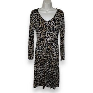 Reborn J Animal Print Front Tie Long Sleeve Scoop V Neck Dress Women Size Small